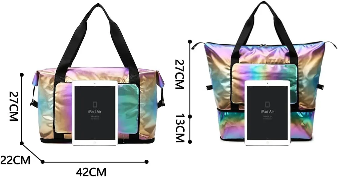 Foldable Laser Sports Duffel Bag for Women - Travel, Gym & Yoga Weekender Bag with Wet Pocket & Shoe Compartment (Yellow)(Dazzling Gold)
