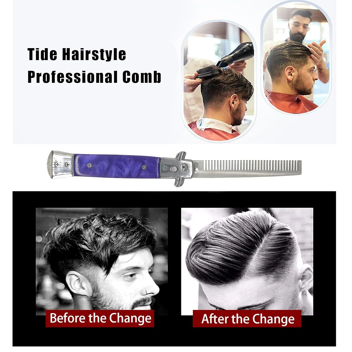 Foldable Stainless Steel Pocket Comb with Spring Jump Brush for Scalp Hair or Beard (Light Purple)