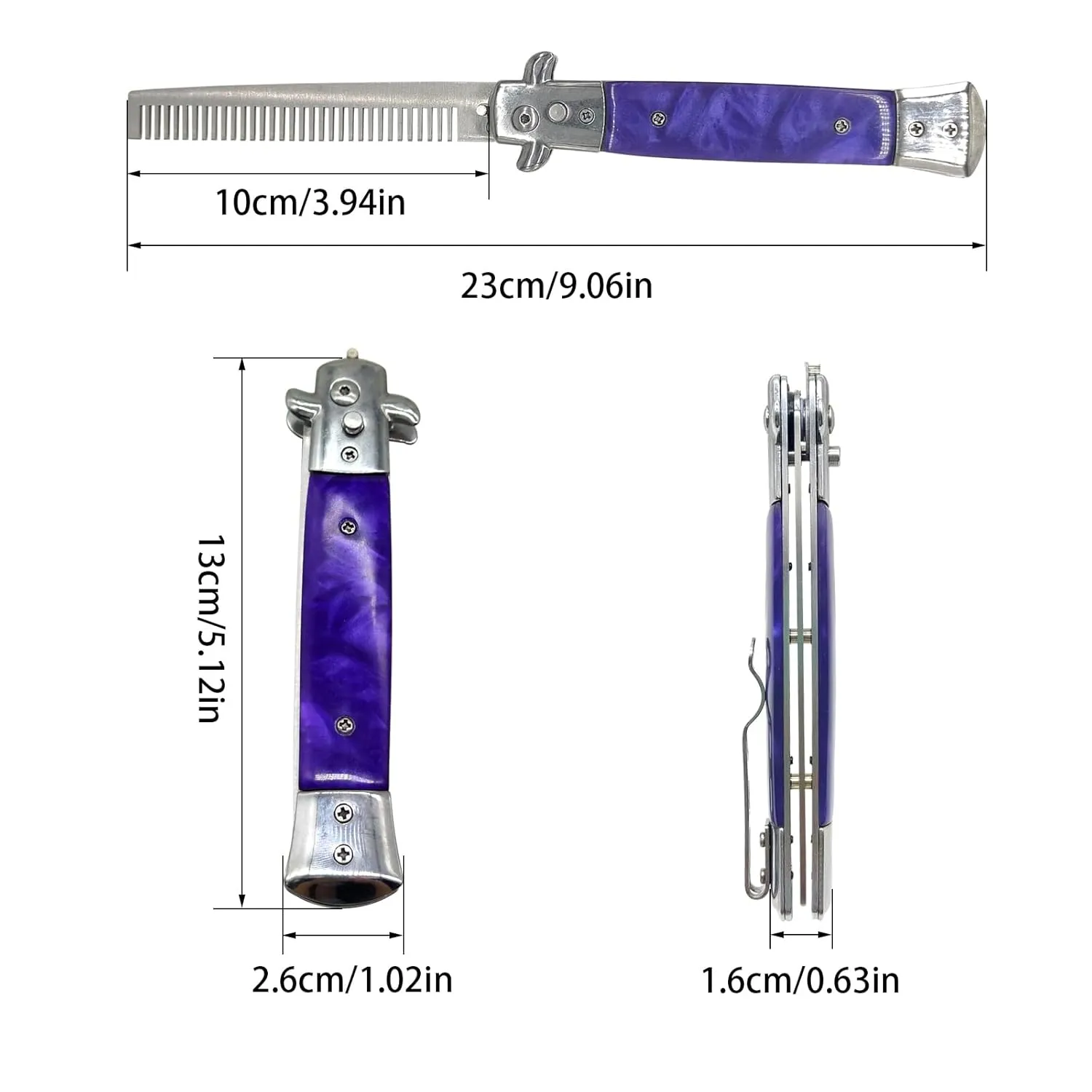 Foldable Stainless Steel Pocket Comb with Spring Jump Brush for Scalp Hair or Beard (Light Purple)