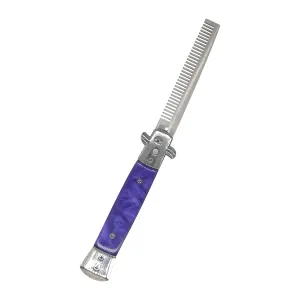 Foldable Stainless Steel Pocket Comb with Spring Jump Brush for Scalp Hair or Beard (Light Purple)