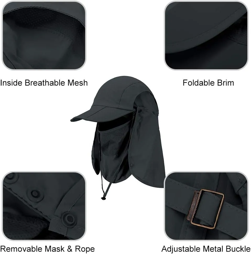 Foldable Sun Cap, Fishing Hats, UPF 50  Protection Caps with Face Mask Neck Flap