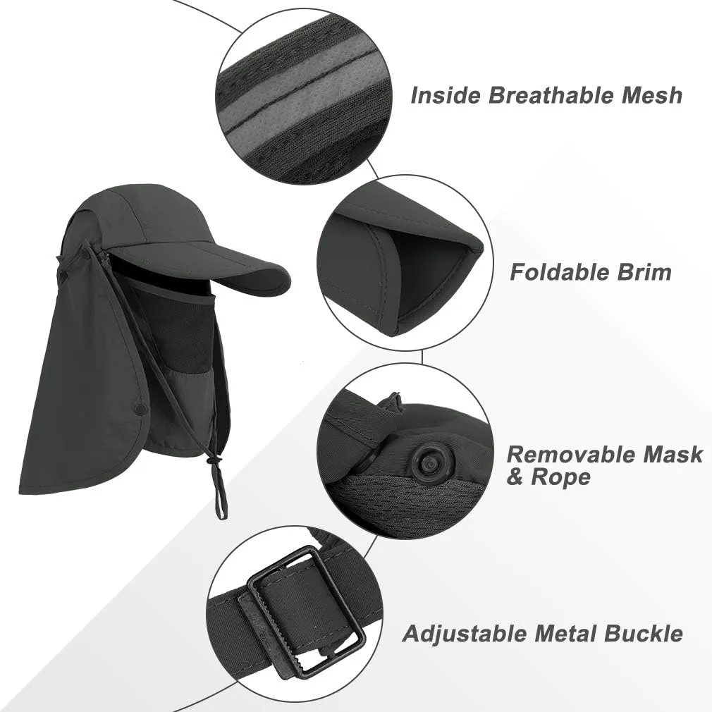 Foldable Sun Cap, Fishing Hats, UPF 50  Protection Caps with Face Mask Neck Flap
