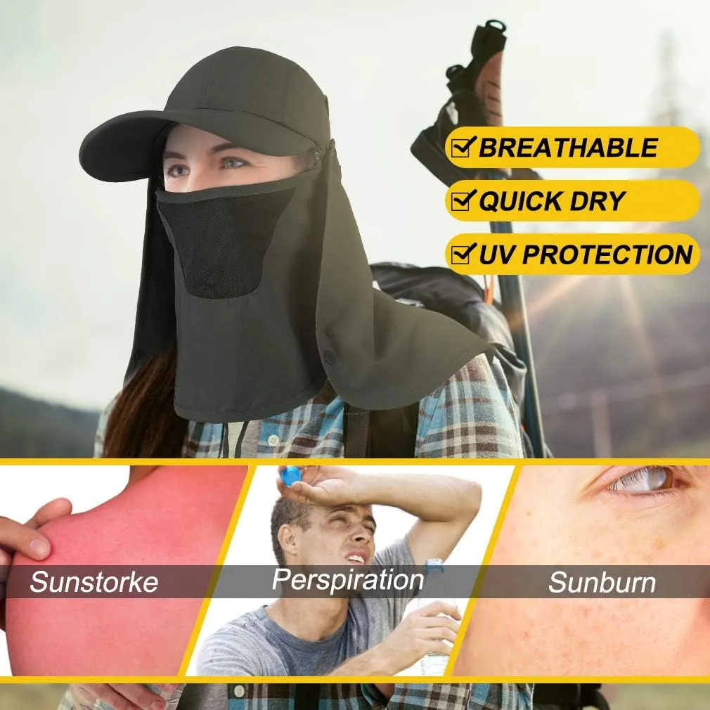 Foldable Sun Cap, Fishing Hats, UPF 50  Protection Caps with Face Mask Neck Flap