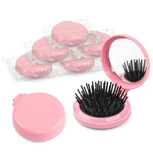 Foldable Travel Hair Brush with Mirror - 30 Pack Portable Round Pocket Comb, Compact Folding Design & Massage Bristles for Men Women (Pink)