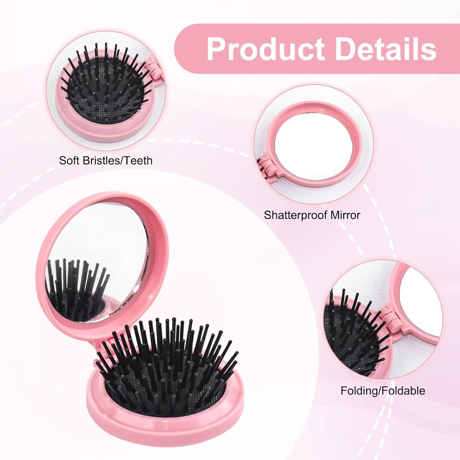 Foldable Travel Hair Brush with Mirror - 30 Pack Portable Round Pocket Comb, Compact Folding Design & Massage Bristles for Men Women (Pink)
