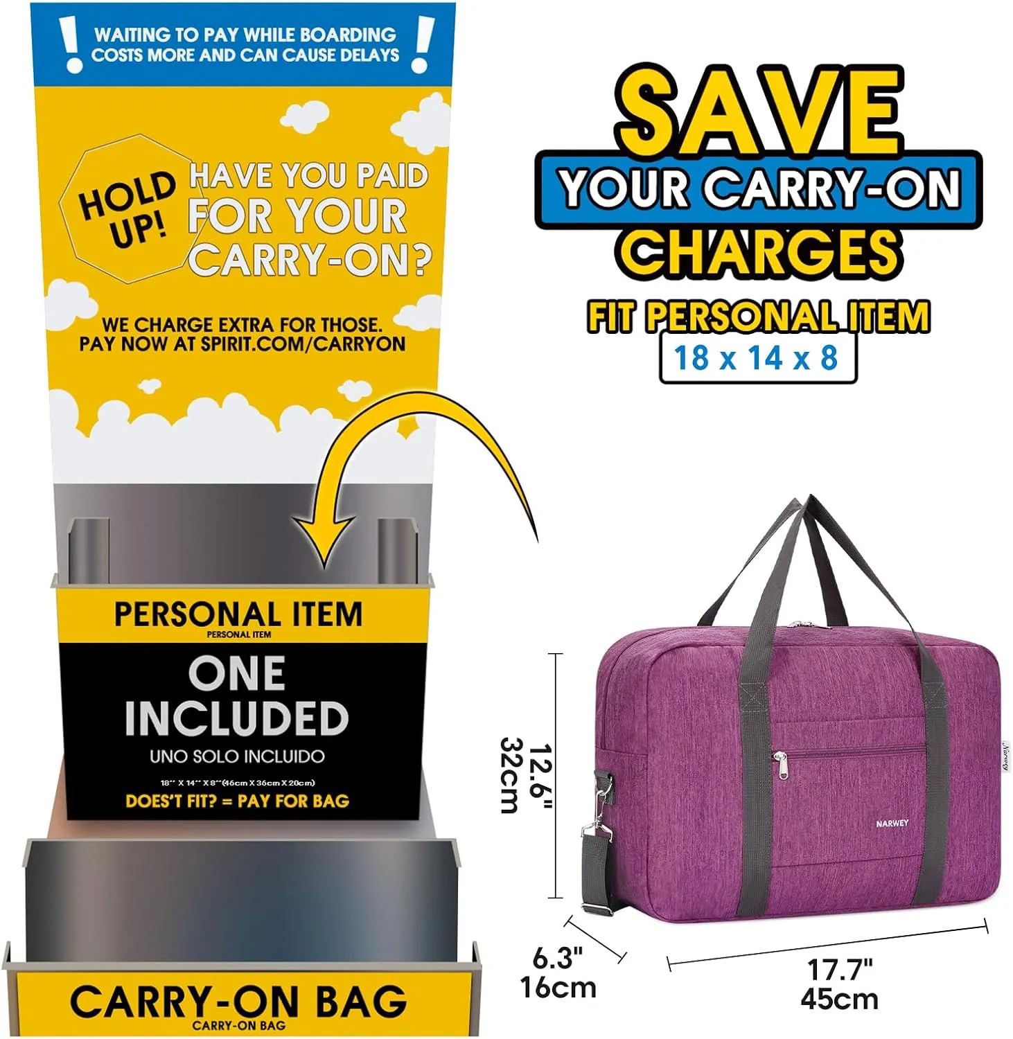 For Spirit Airlines Personal Item Bag 18x14x8 Foldable Travel Duffel Bag Tote Carry on Luggage Duffle Overnight for Women and Men