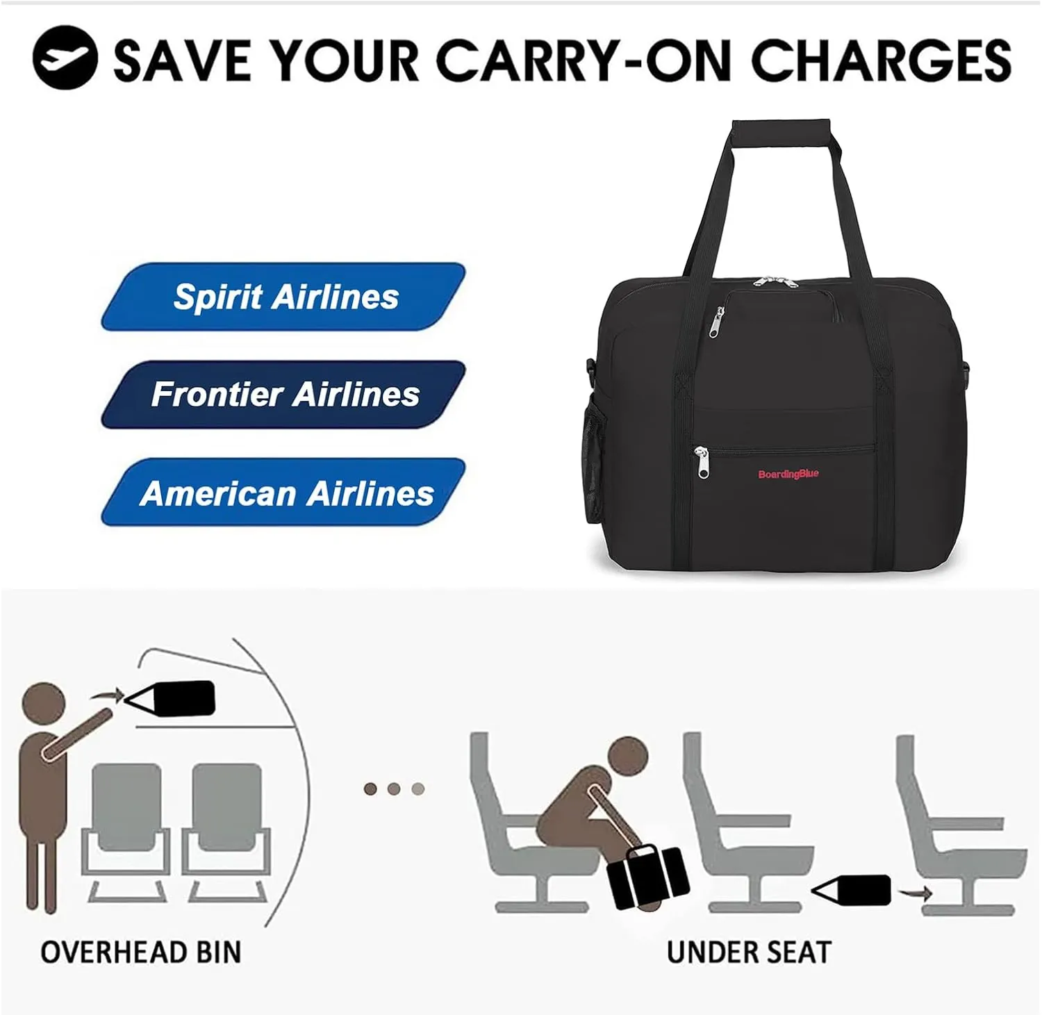 For Spirit, American Airline, Frontier 18X14X8 Inches Personal Item Under Seat Duffel Bag With Air Pillow And USB Port (Black)