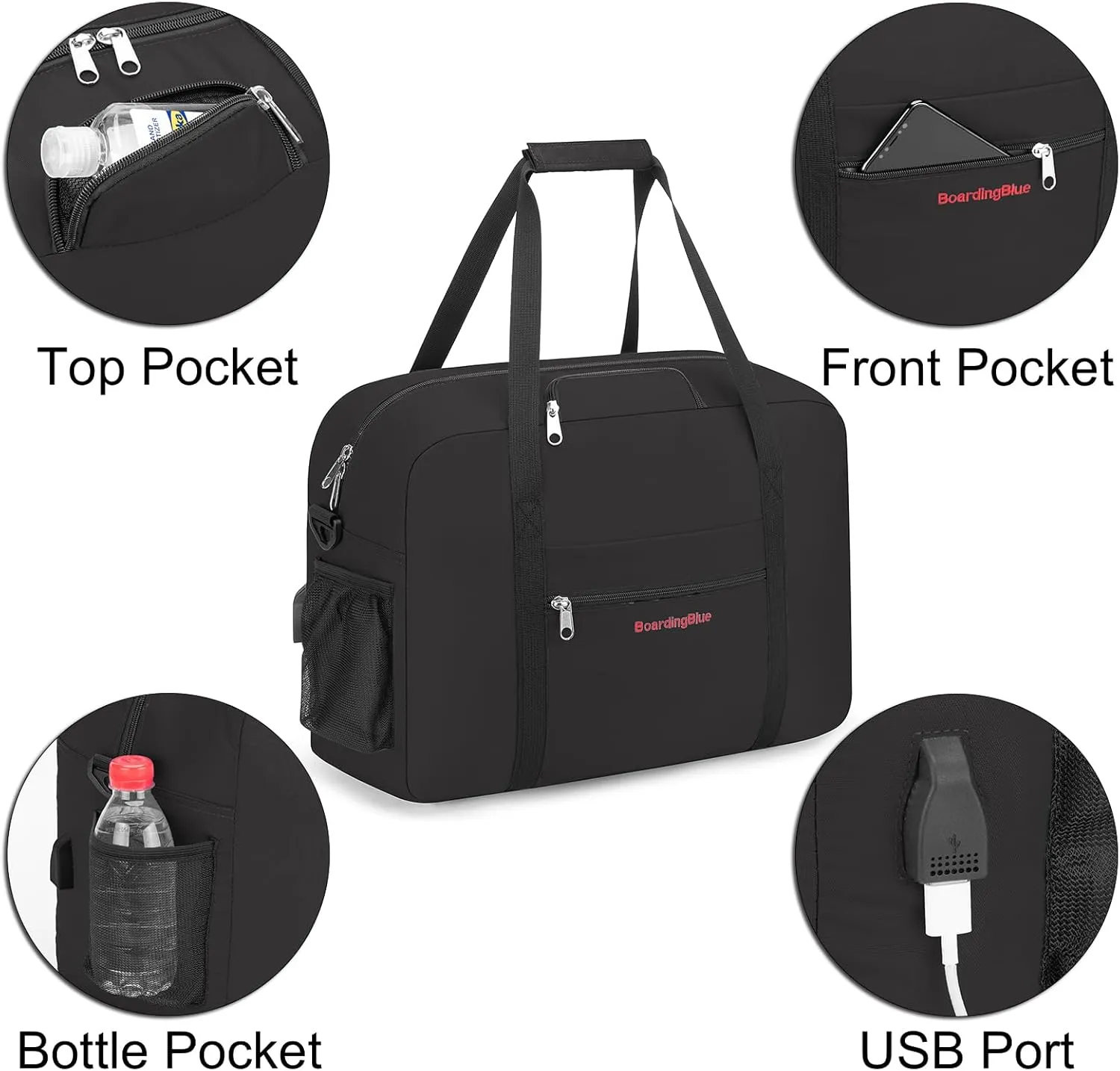 For Spirit, American Airline, Frontier 18X14X8 Inches Personal Item Under Seat Duffel Bag With Air Pillow And USB Port (Black)