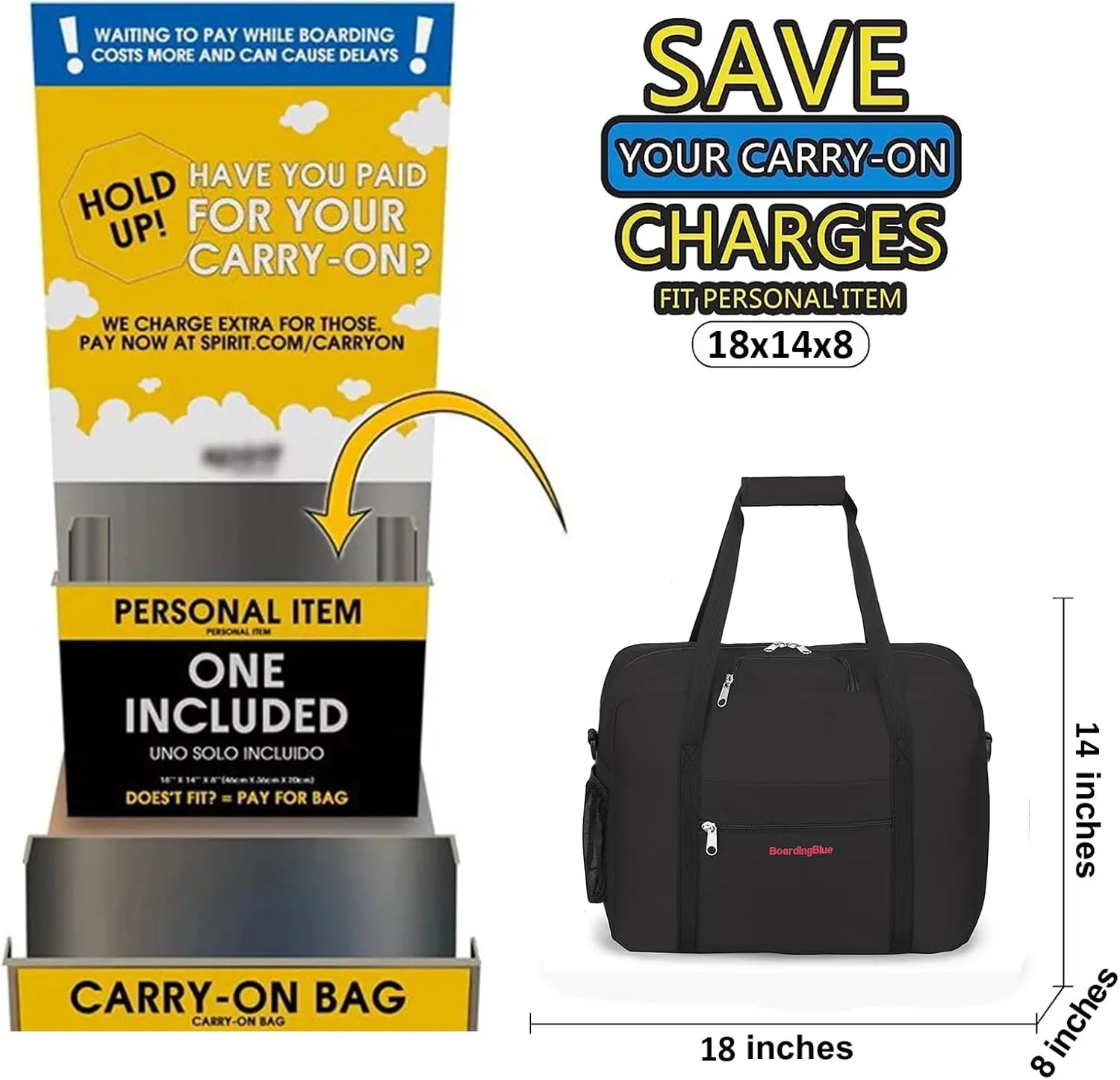 For Spirit, American Airline, Frontier 18X14X8 Inches Personal Item Under Seat Duffel Bag With Air Pillow And USB Port (Black)