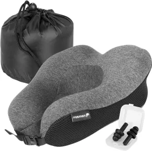Fosmon Travel Neck Pillow with Earplugs & Storage Bag, Soft and Comfortable Memory Foam Cushion, Head & Chin Contour Support, Machine Washable 100% Cotton Cover for Traveling Flying Airplane Car Bus