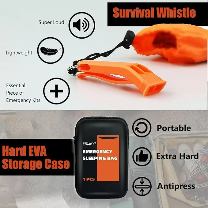 Frelaxy Emergency Sleeping Bag 1-Pack/2-Pack, Extra-Thick Compact Survival Bivy with Whistle, Storage Pouch, and EVA case, Perfect for Survival Kits