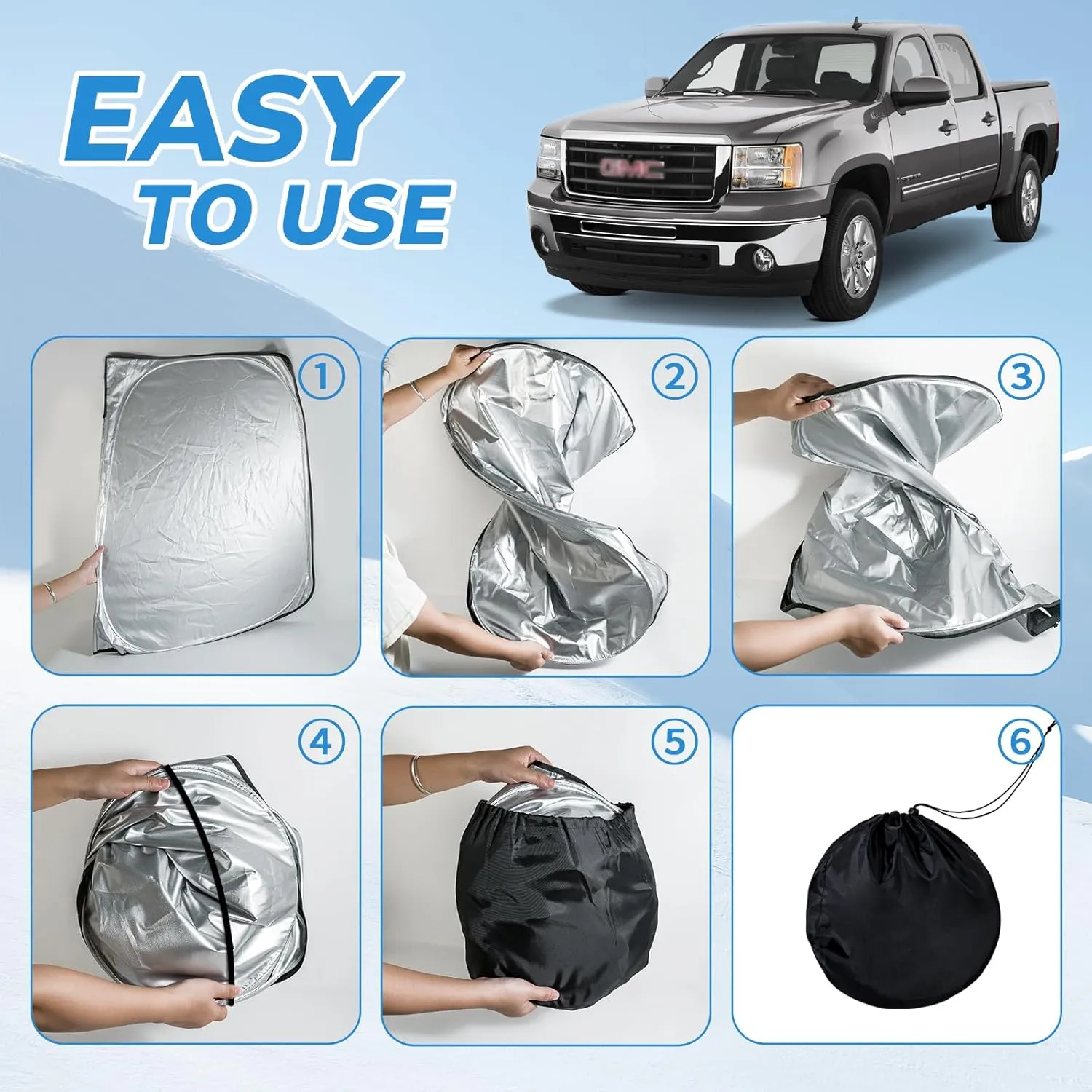 Front Windshield Sunshade Compatible with GMC (2019-2024) Sierra 1500 2500 3500 SLT, AT4, Denali Pickup Accessories - 210T Double Layer Foldable Front Sun Shield Protector