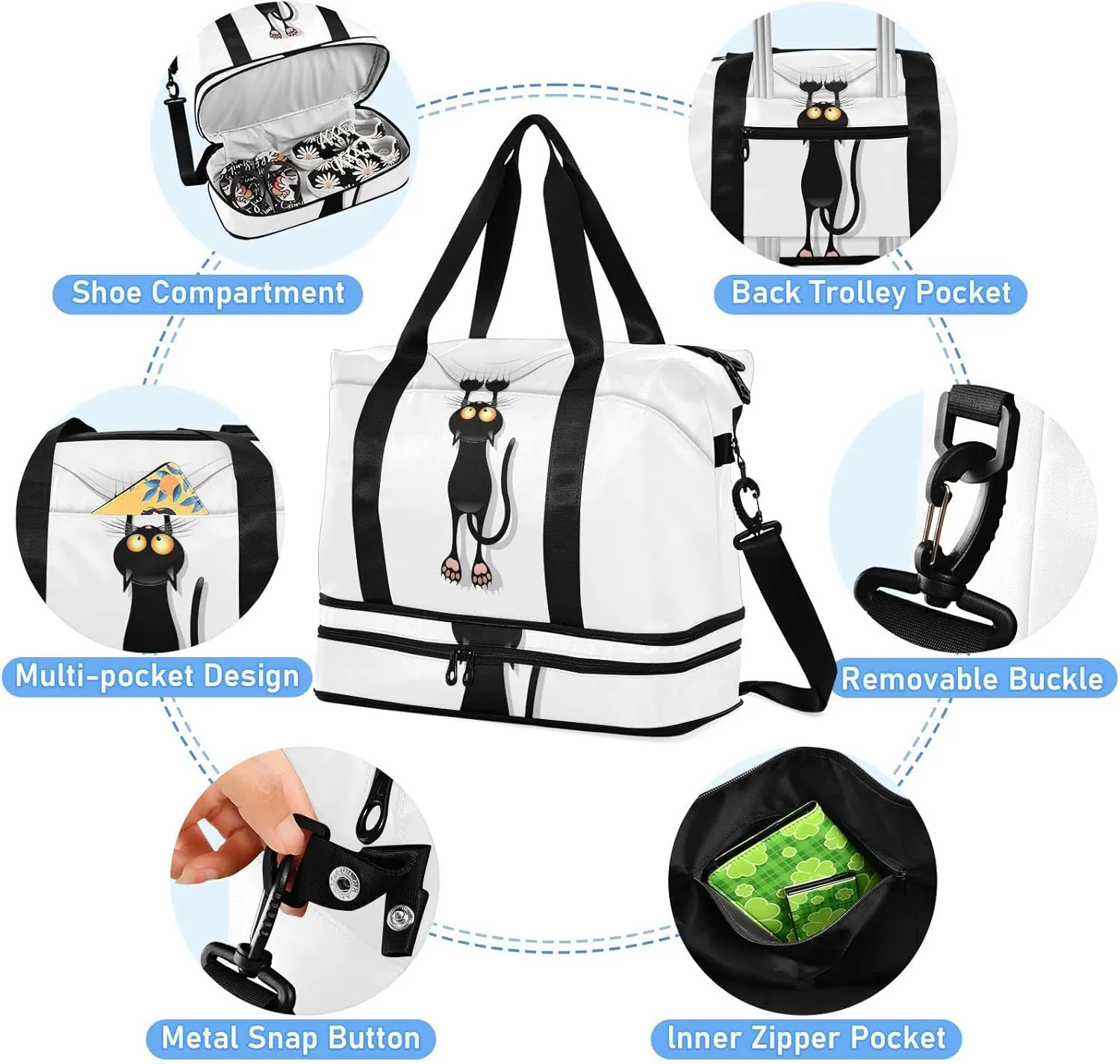 Funny Black Cat Cartoon Scratching Curtains on White Foldable Travel Bag, Camping Luggage bag, Portable Gym Bag, Sports Bag, Toiletry Bag with Handles Adjustable Shoulder Strap
