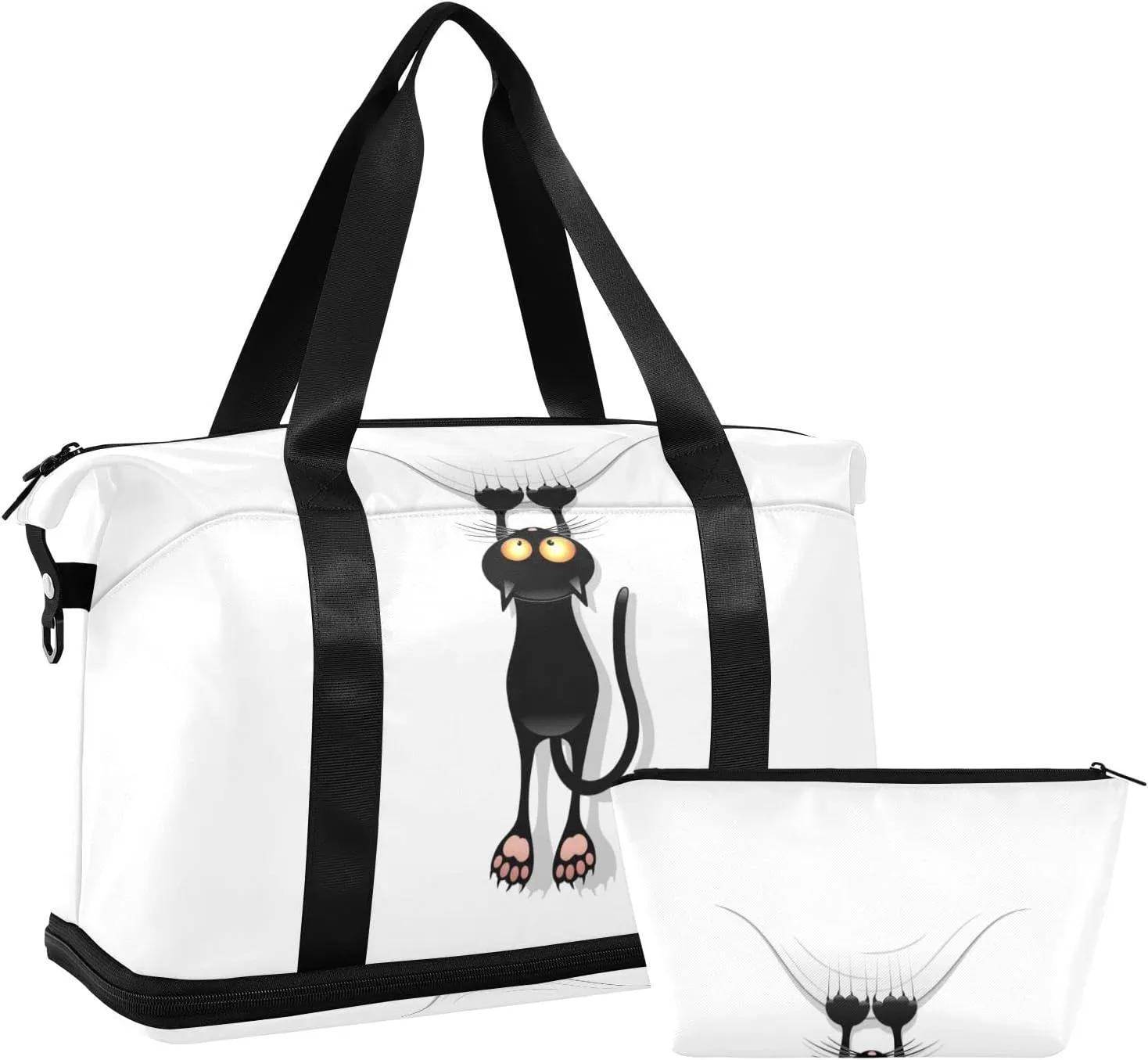 Funny Black Cat Cartoon Scratching Curtains on White Foldable Travel Bag, Camping Luggage bag, Portable Gym Bag, Sports Bag, Toiletry Bag with Handles Adjustable Shoulder Strap