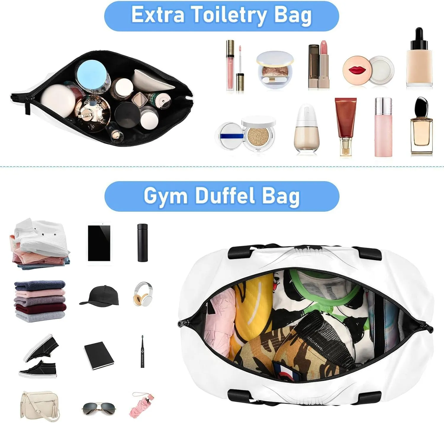 Funny Black Cat Cartoon Scratching Curtains on White Foldable Travel Bag, Camping Luggage bag, Portable Gym Bag, Sports Bag, Toiletry Bag with Handles Adjustable Shoulder Strap