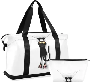 Funny Black Cat Cartoon Scratching Curtains on White Foldable Travel Bag, Camping Luggage bag, Portable Gym Bag, Sports Bag, Toiletry Bag with Handles Adjustable Shoulder Strap