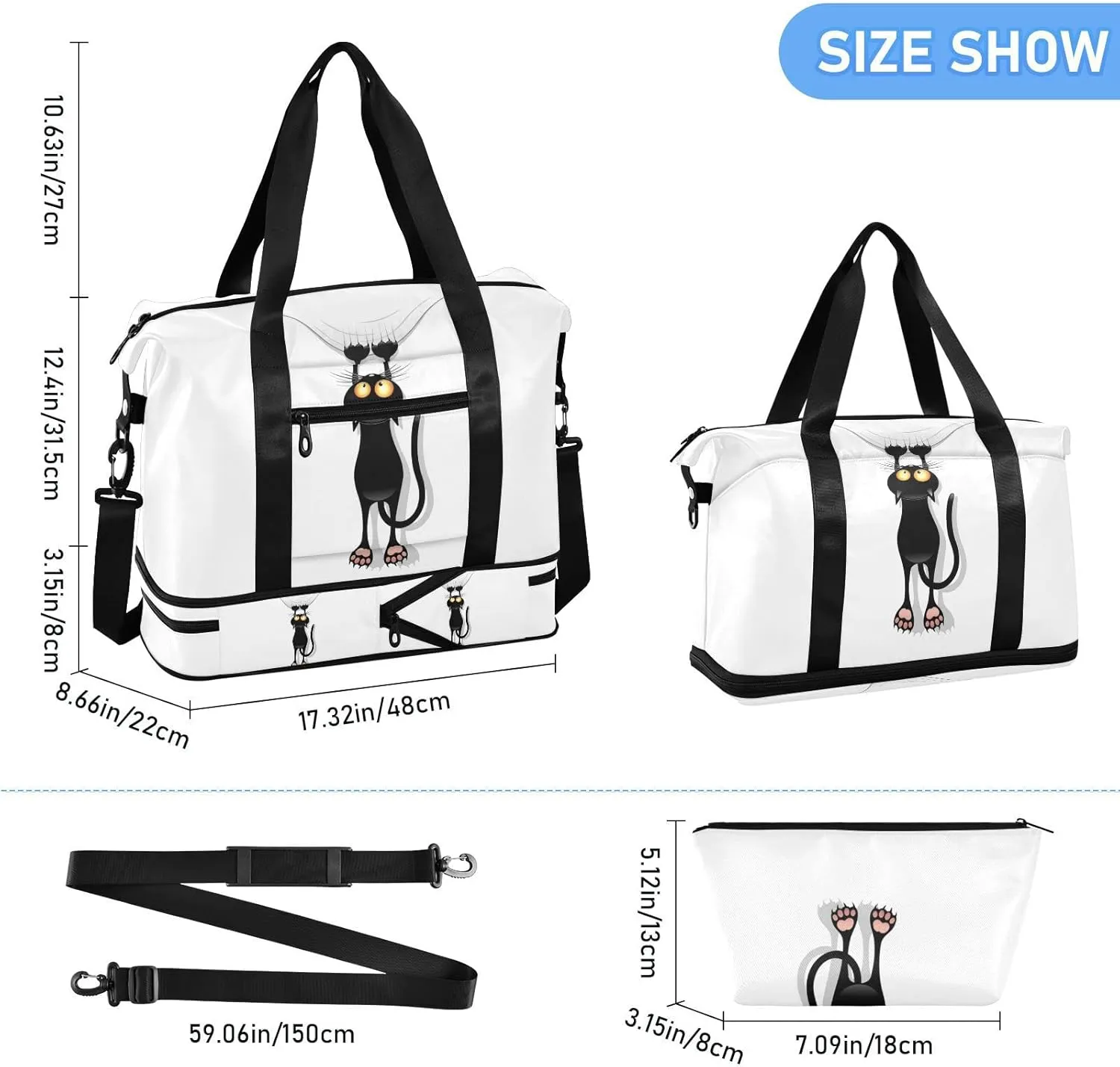 Funny Black Cat Cartoon Scratching Curtains on White Foldable Travel Bag, Camping Luggage bag, Portable Gym Bag, Sports Bag, Toiletry Bag with Handles Adjustable Shoulder Strap