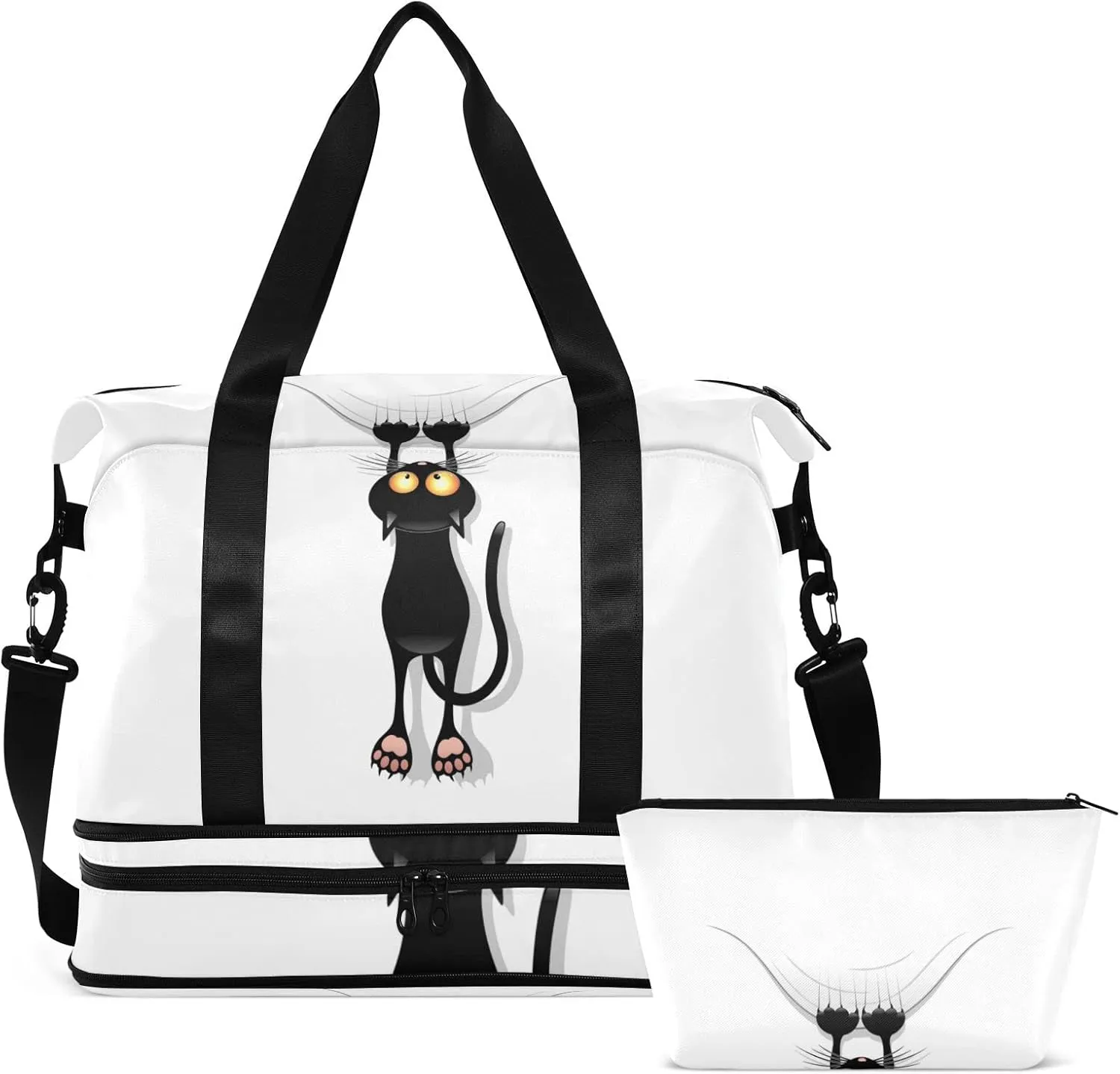 Funny Black Cat Cartoon Scratching Curtains on White Foldable Travel Bag, Camping Luggage bag, Portable Gym Bag, Sports Bag, Toiletry Bag with Handles Adjustable Shoulder Strap