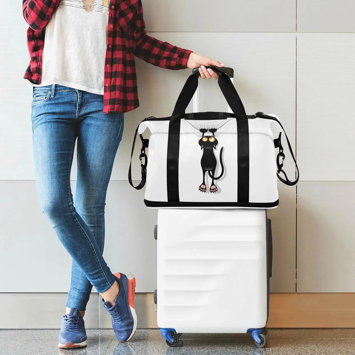 Funny Black Cat Cartoon Scratching Curtains on White Foldable Travel Bag, Camping Luggage bag, Portable Gym Bag, Sports Bag, Toiletry Bag with Handles Adjustable Shoulder Strap
