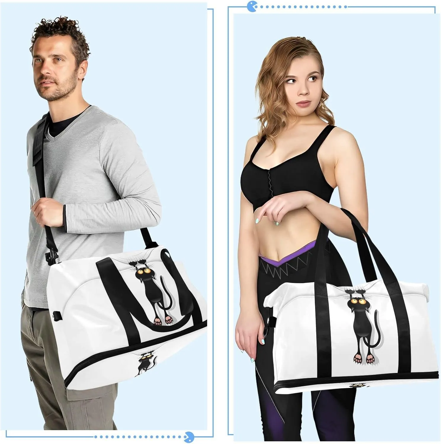 Funny Black Cat Cartoon Scratching Curtains on White Foldable Travel Bag, Camping Luggage bag, Portable Gym Bag, Sports Bag, Toiletry Bag with Handles Adjustable Shoulder Strap