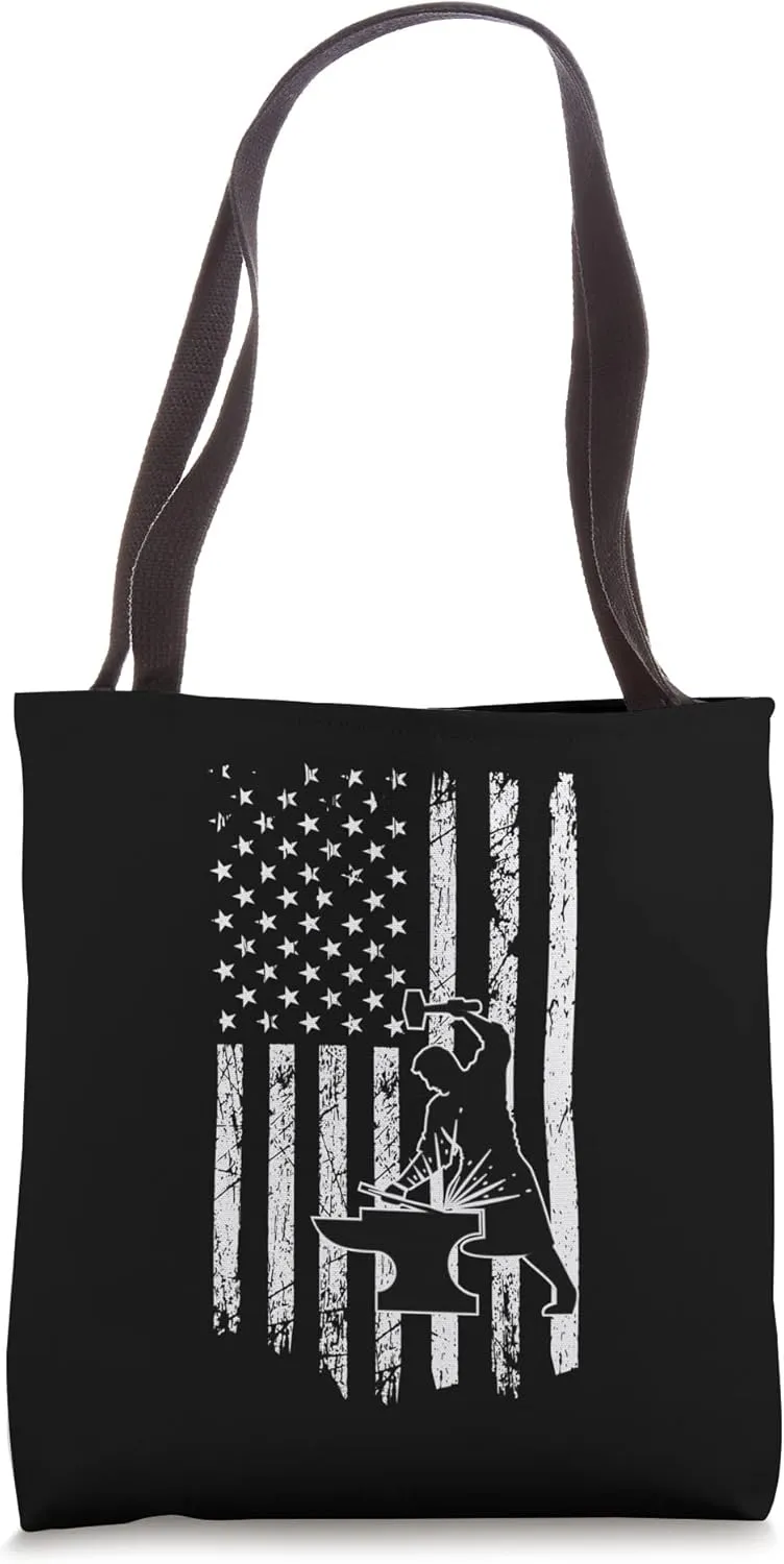 Funny Blacksmith Metalworking American Flag 4th of July Tote Bag