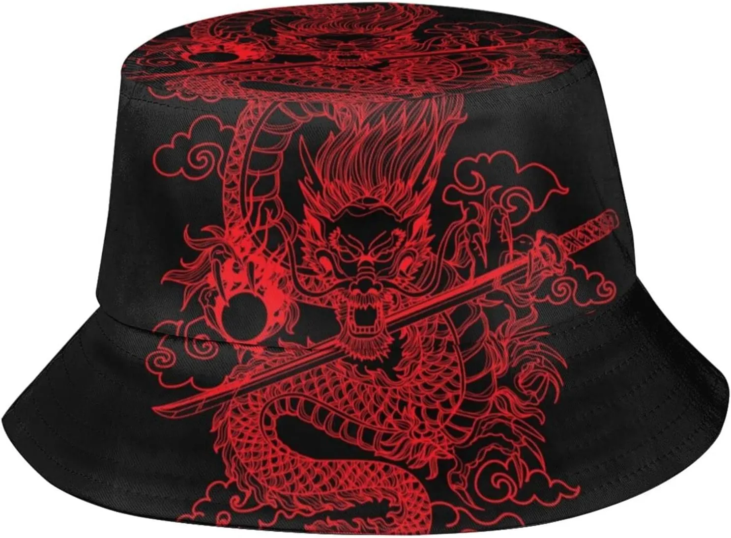 Funny Chinese Dragon Bucket Hat Sun Protection Wide Brim Hat Packable Summer Travel Dragon Fisherman Cap for Women Men