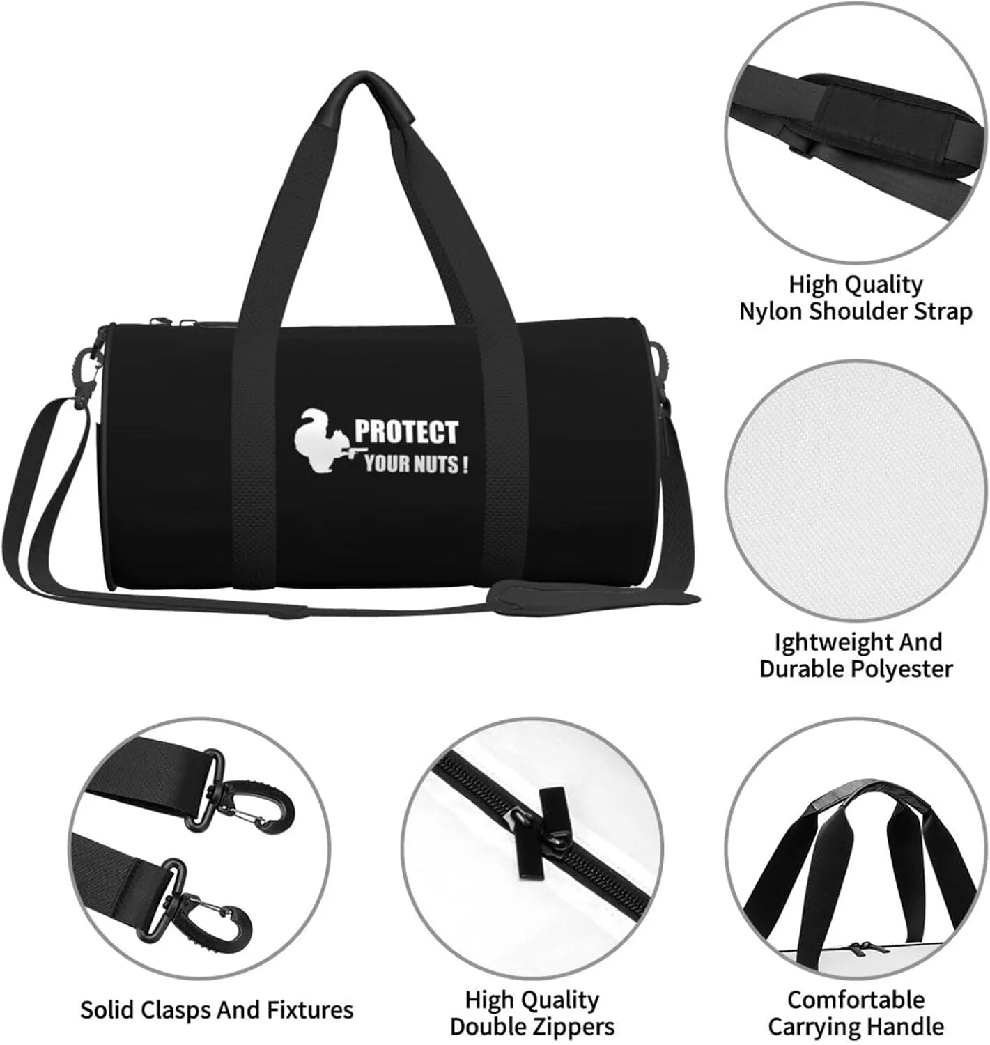 Funny Squirrel Protect Your Nuts Travel Luggage Duffel Bag Sports Rolling Foldable Duffel Bag, Black