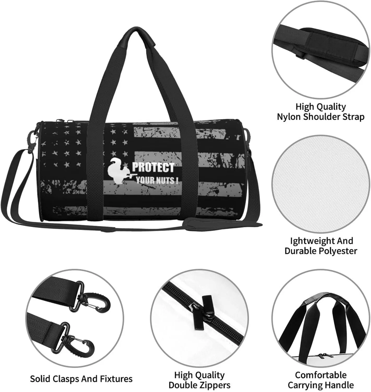 Funny Squirrel Protect Your Nuts Travel Luggage Duffel Bag Sports Rolling Foldable Duffel Bag, Black