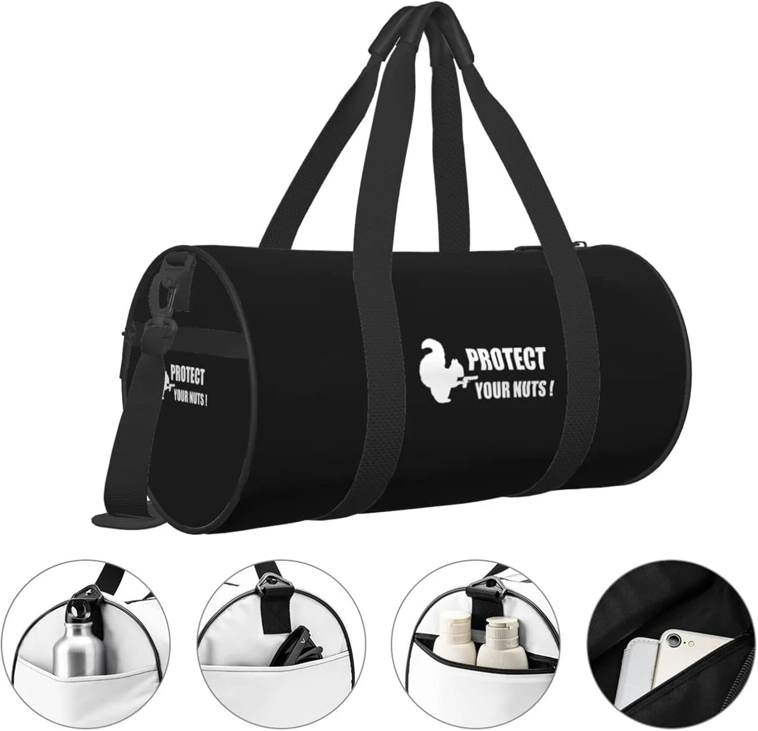 Funny Squirrel Protect Your Nuts Travel Luggage Duffel Bag Sports Rolling Foldable Duffel Bag, Black