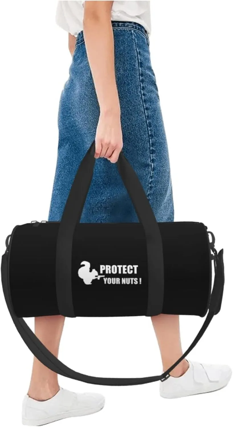 Funny Squirrel Protect Your Nuts Travel Luggage Duffel Bag Sports Rolling Foldable Duffel Bag, Black