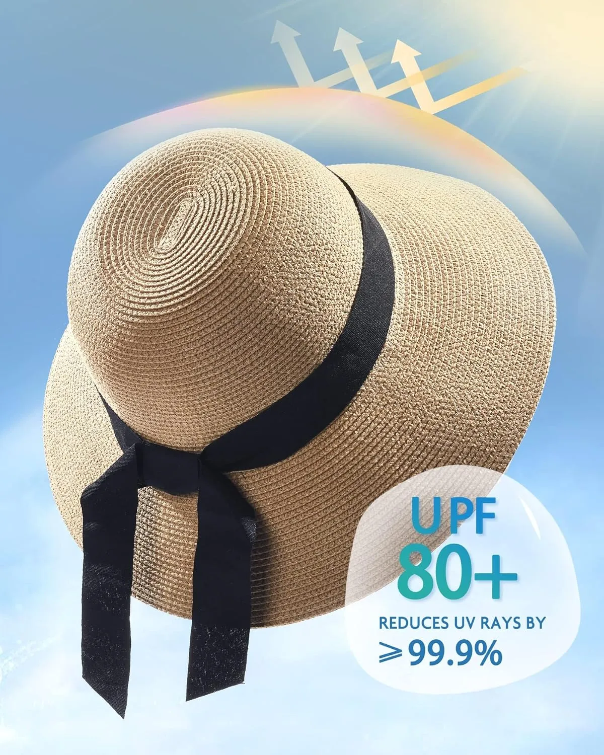 FURTALK Womens Beach Sun Straw Hat UV UPF 80  Travel Foldable Brim Summer UV Hat