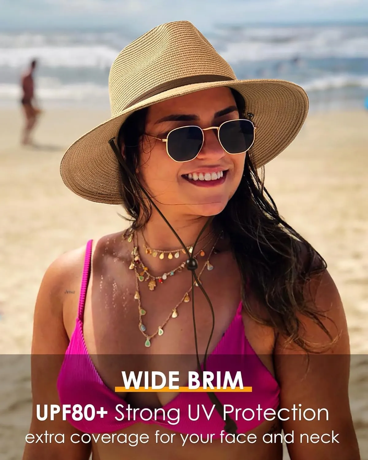 FURTALK Womens Summer Straw Sun Hats Wide Brim Panama Fedora Beach Hat with Wind Lanyard UPF 80 