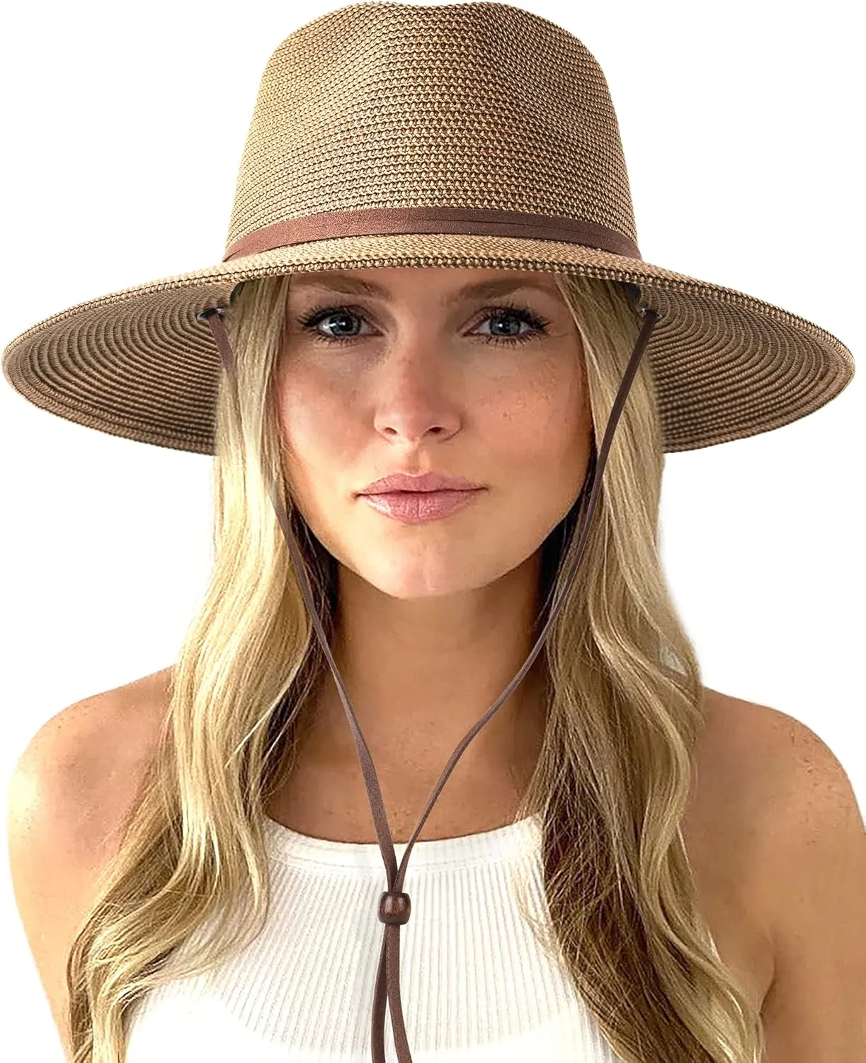 FURTALK Womens Summer Straw Sun Hats Wide Brim Panama Fedora Beach Hat with Wind Lanyard UPF 80 