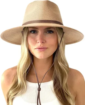 FURTALK Womens Summer Straw Sun Hats Wide Brim Panama Fedora Beach Hat with Wind Lanyard UPF 80 