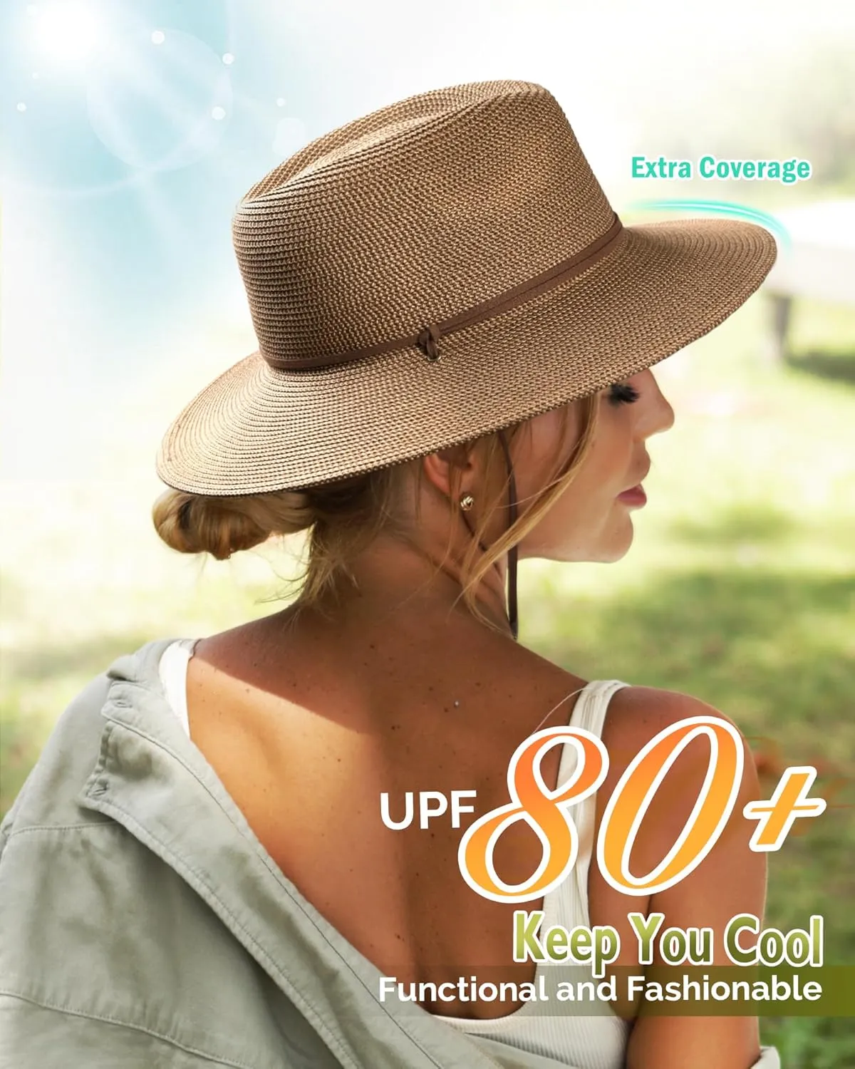 FURTALK Womens Summer Straw Sun Hats Wide Brim Panama Fedora Beach Hat with Wind Lanyard UPF 80 