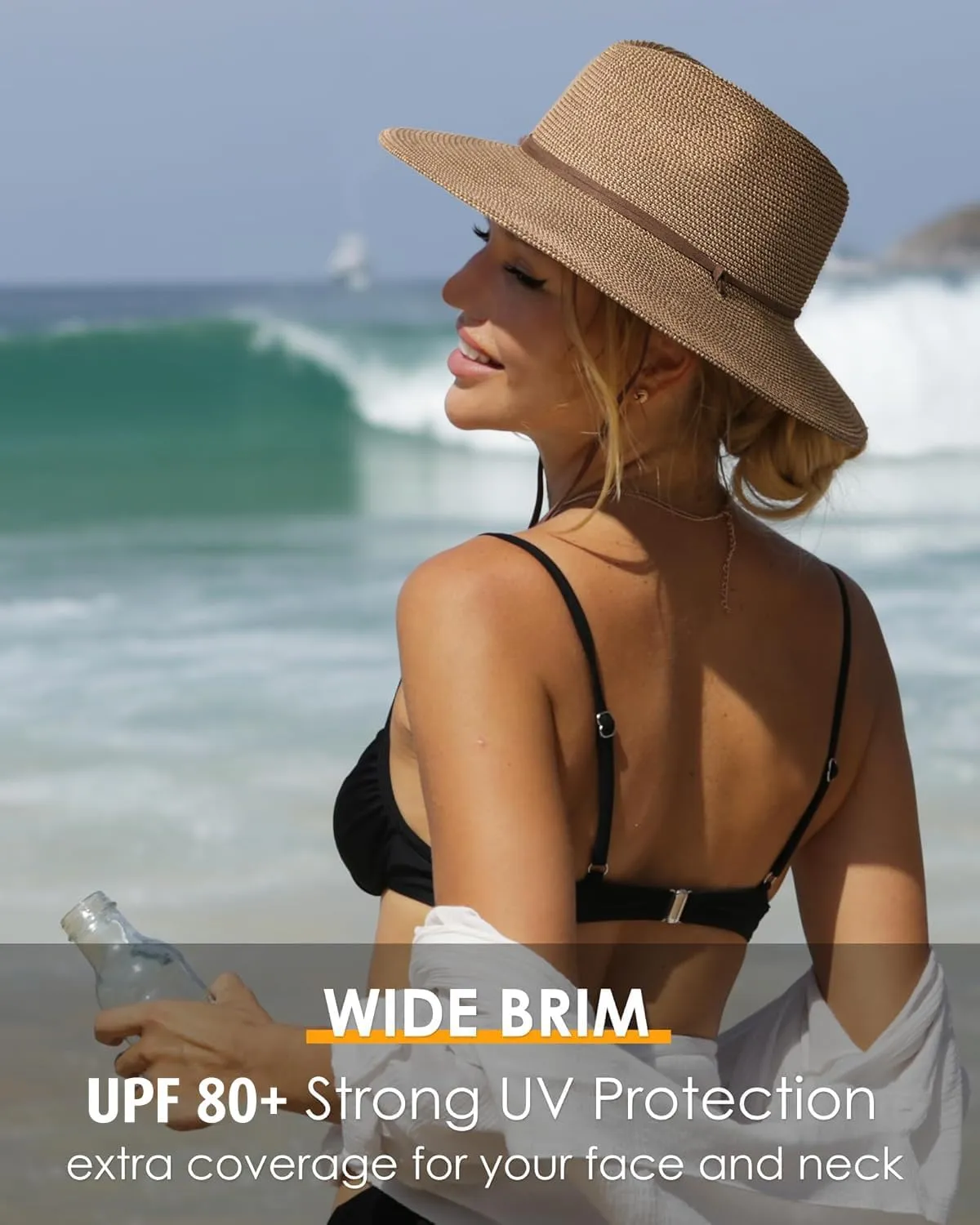 FURTALK Womens Summer Straw Sun Hats Wide Brim Panama Fedora Beach Hat with Wind Lanyard UPF 80 