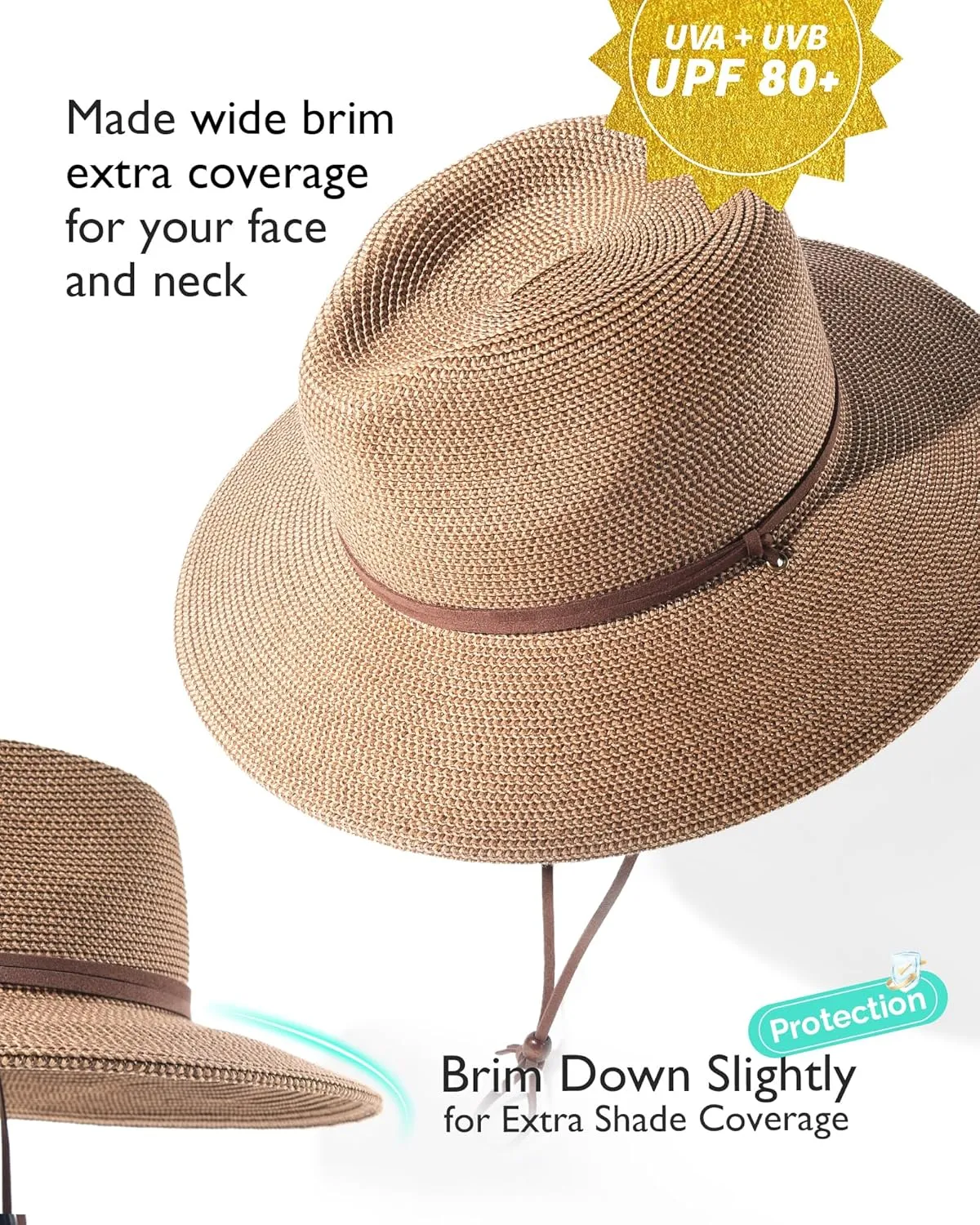 FURTALK Womens Summer Straw Sun Hats Wide Brim Panama Fedora Beach Hat with Wind Lanyard UPF 80 