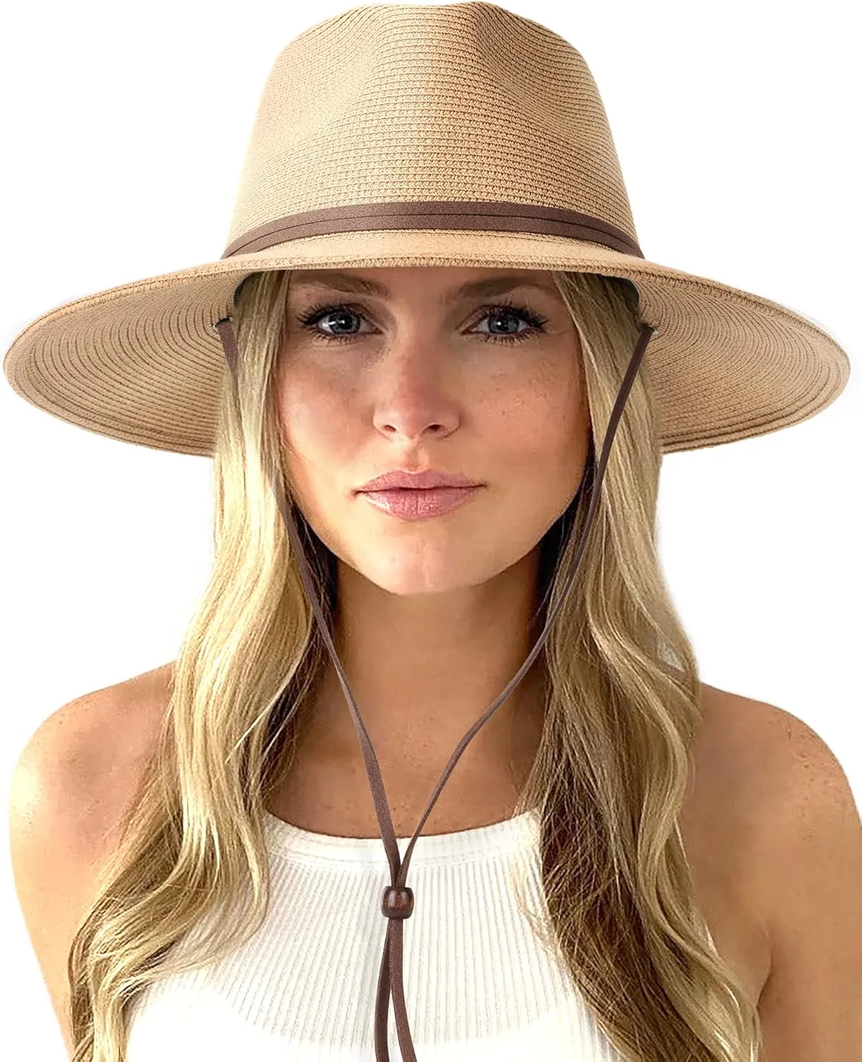 FURTALK Womens Summer Straw Sun Hats Wide Brim Panama Fedora Beach Hat with Wind Lanyard UPF 80 