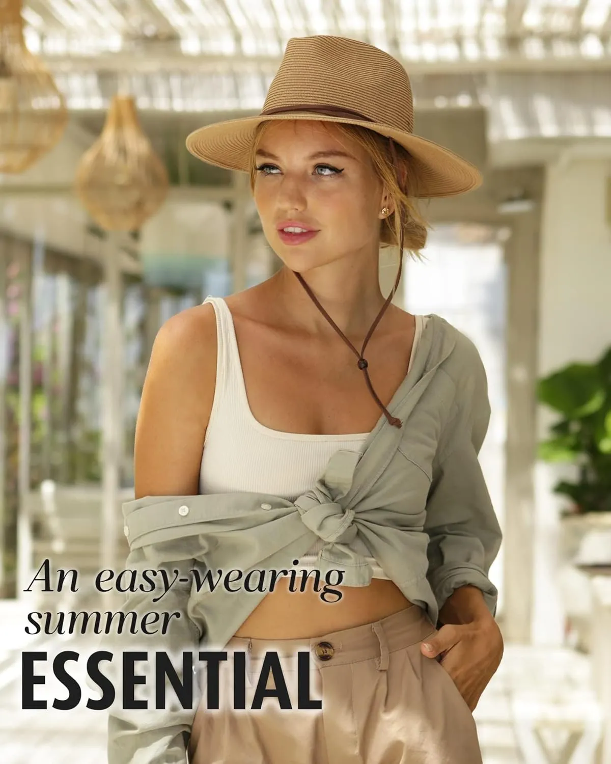 FURTALK Womens Summer Straw Sun Hats Wide Brim Panama Fedora Beach Hat with Wind Lanyard UPF 80 
