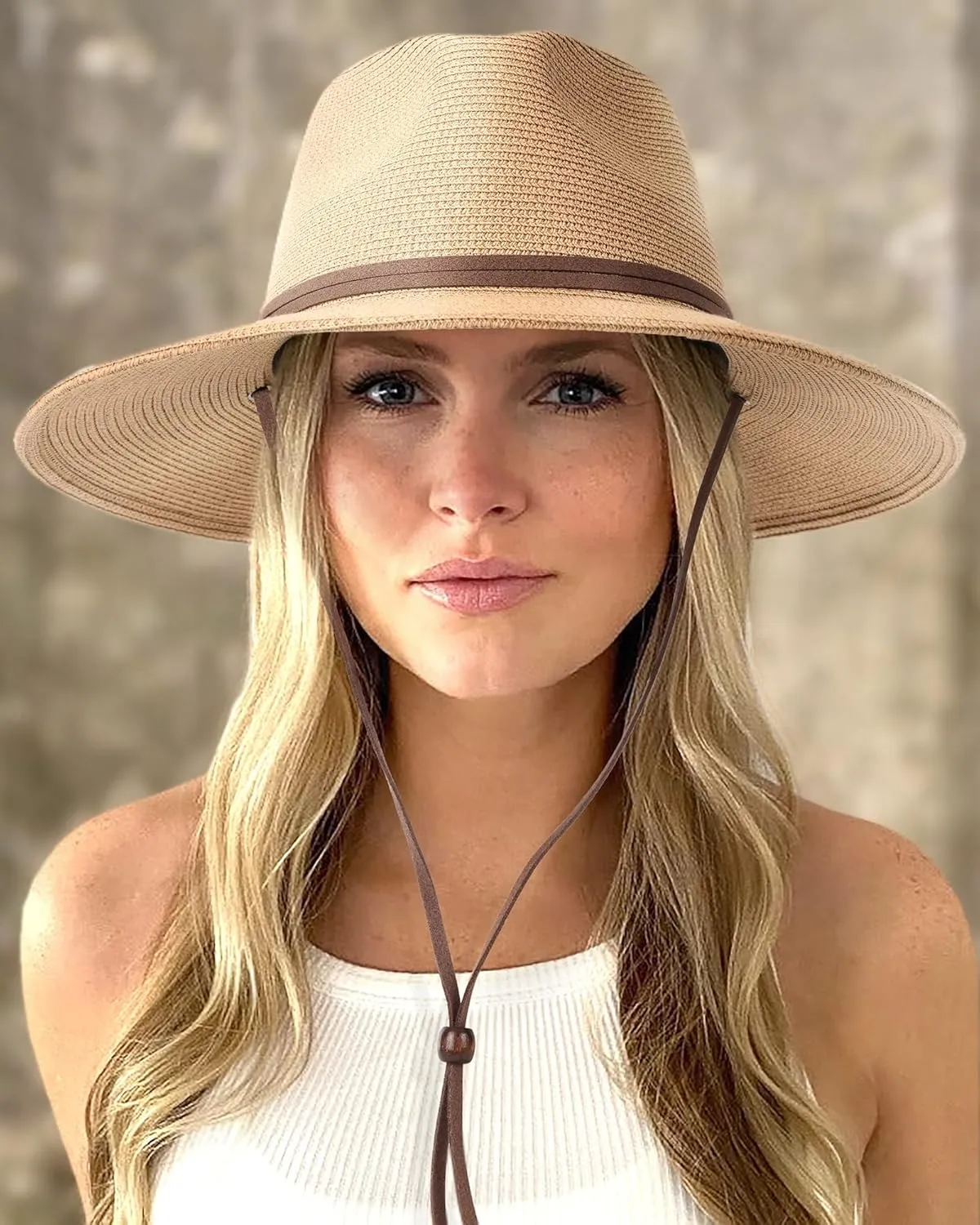 FURTALK Womens Summer Straw Sun Hats Wide Brim Panama Fedora Beach Hat with Wind Lanyard UPF 80 