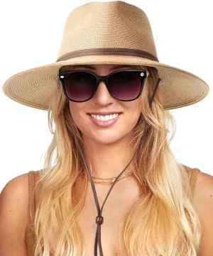 FURTALK Womens Sun Hat Summer Straw Beach Hats UPF 80  Wide Brim Panama Fedora Hats with Wind Lanyard