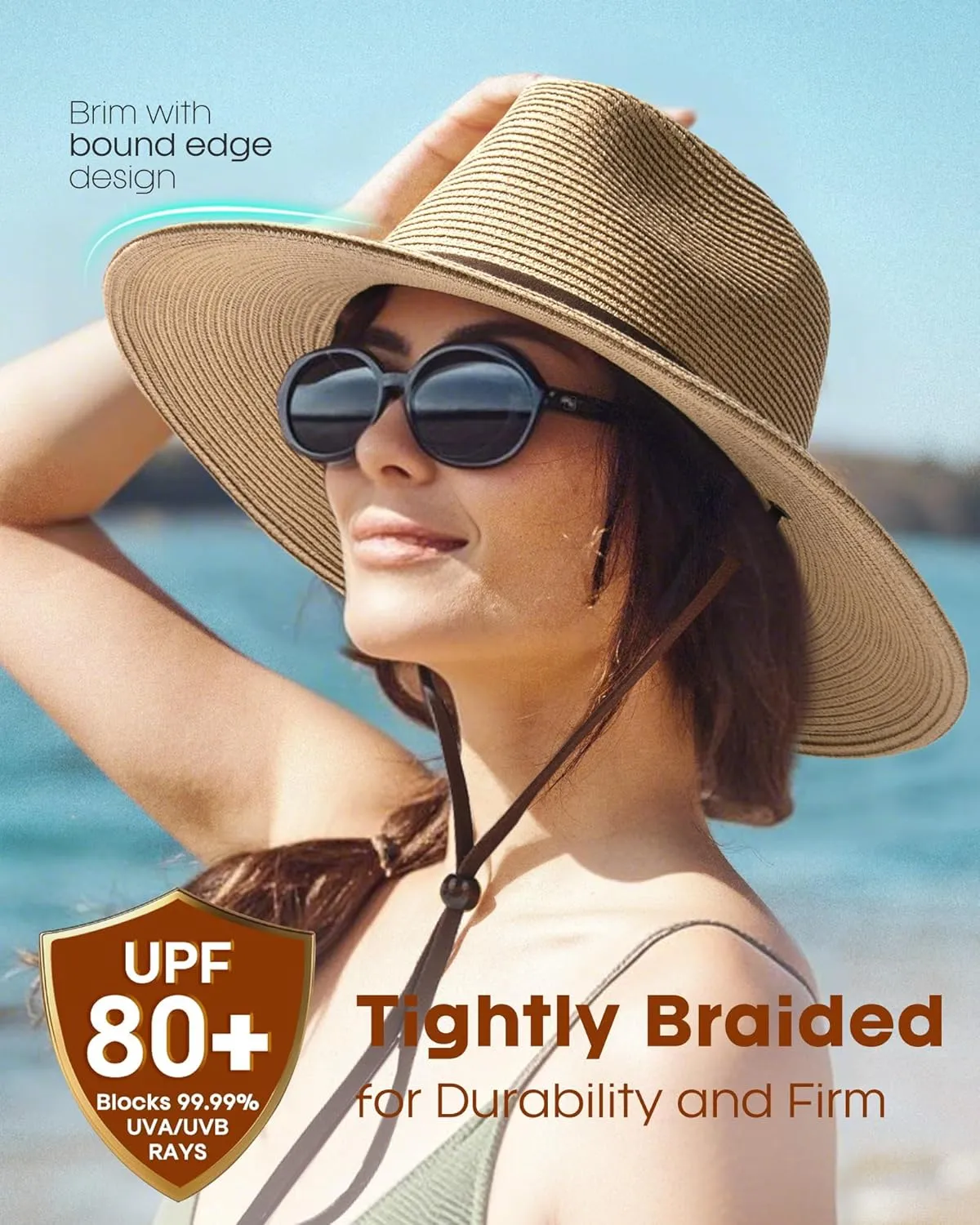 FURTALK Womens Sun Hat Summer Straw Beach Hats UPF 80  Wide Brim Panama Fedora Hats with Wind Lanyard