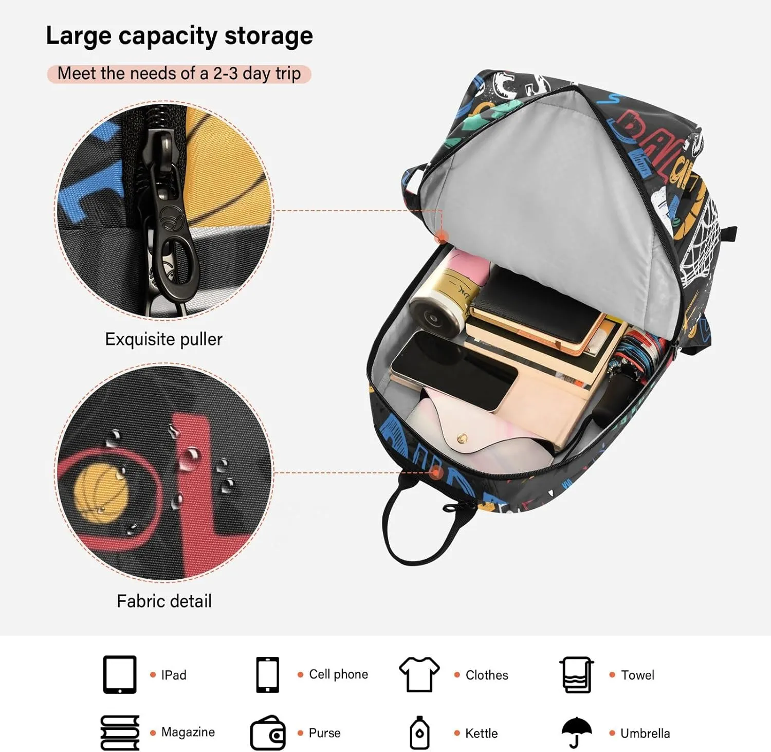 GAIGEO Basketball Sports Doodles Black Tennis Racket Backpack, Large Capacity Pickleball Holder, Various Storage Methods