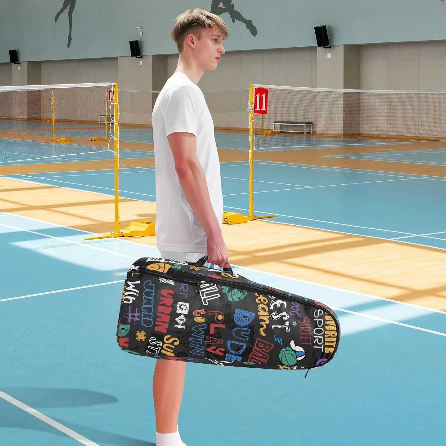GAIGEO Basketball Sports Doodles Black Tennis Racket Backpack, Large Capacity Pickleball Holder, Various Storage Methods