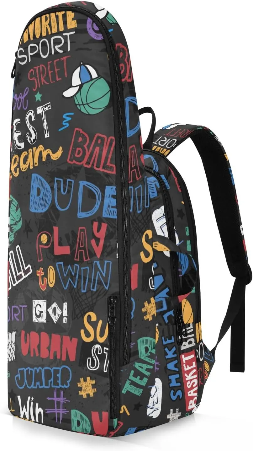 GAIGEO Basketball Sports Doodles Black Tennis Racket Backpack, Large Capacity Pickleball Holder, Various Storage Methods
