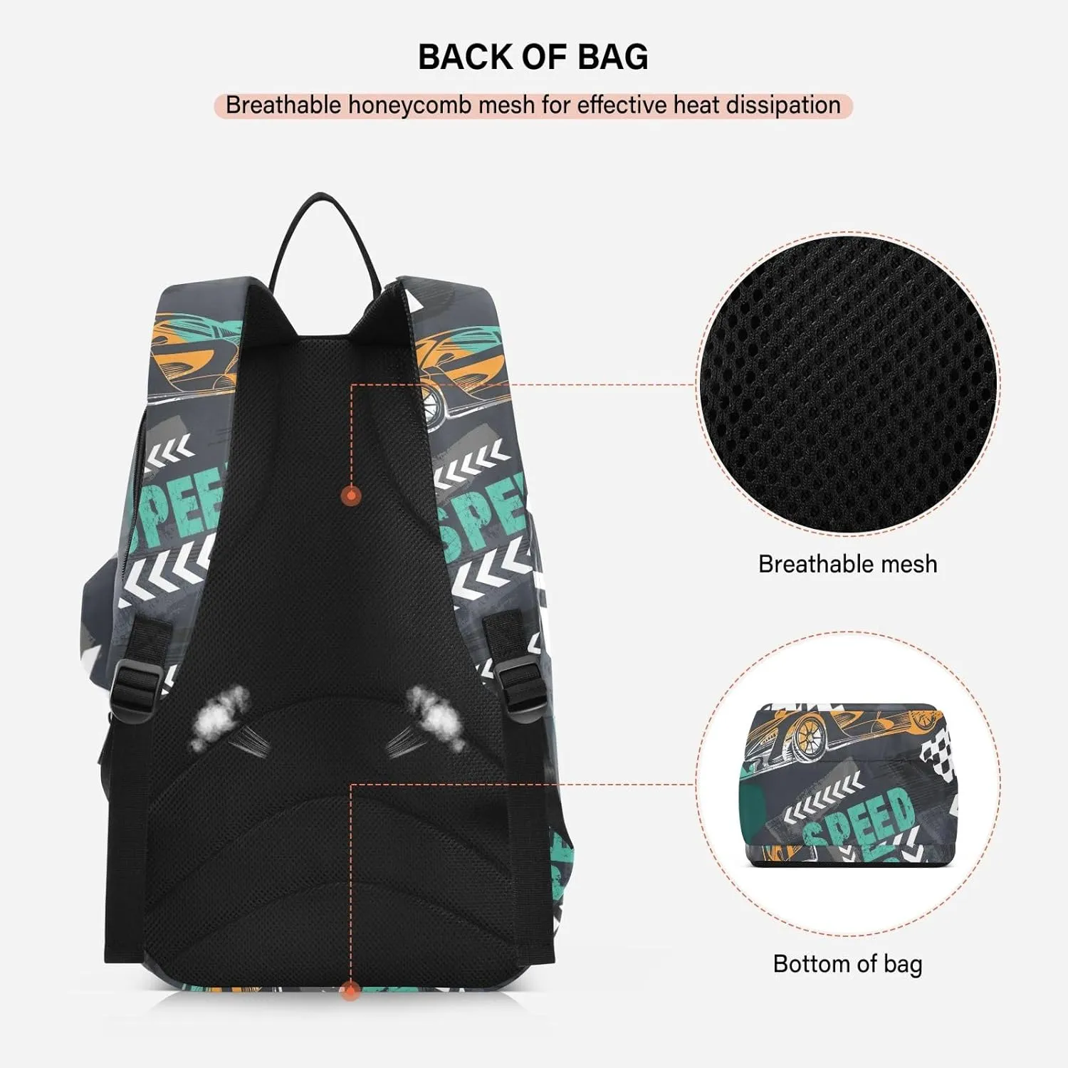 GAIGEO Basketball Sports Doodles Black Tennis Racket Backpack, Large Capacity Pickleball Holder, Various Storage Methods