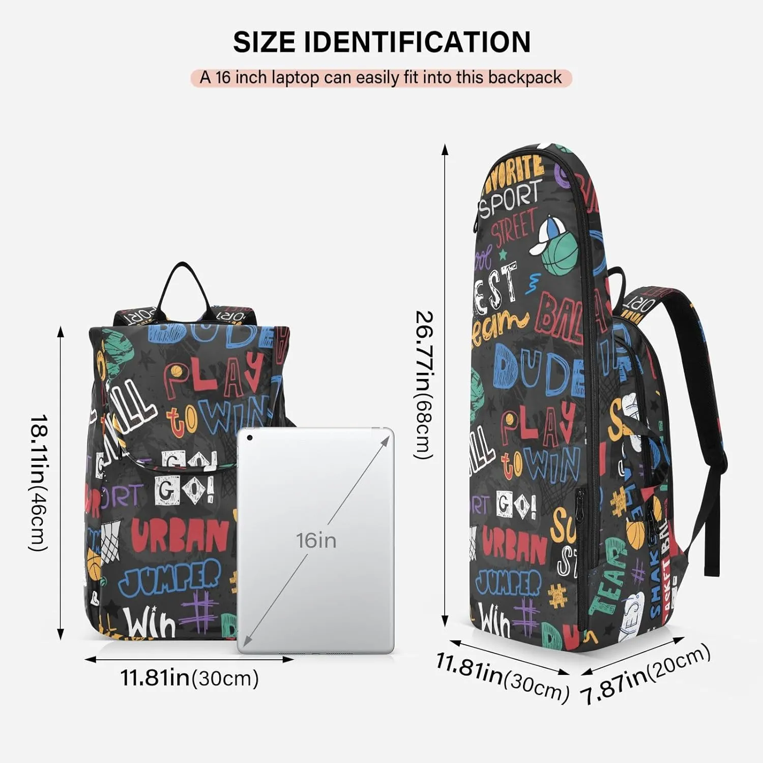 GAIGEO Basketball Sports Doodles Black Tennis Racket Backpack, Large Capacity Pickleball Holder, Various Storage Methods