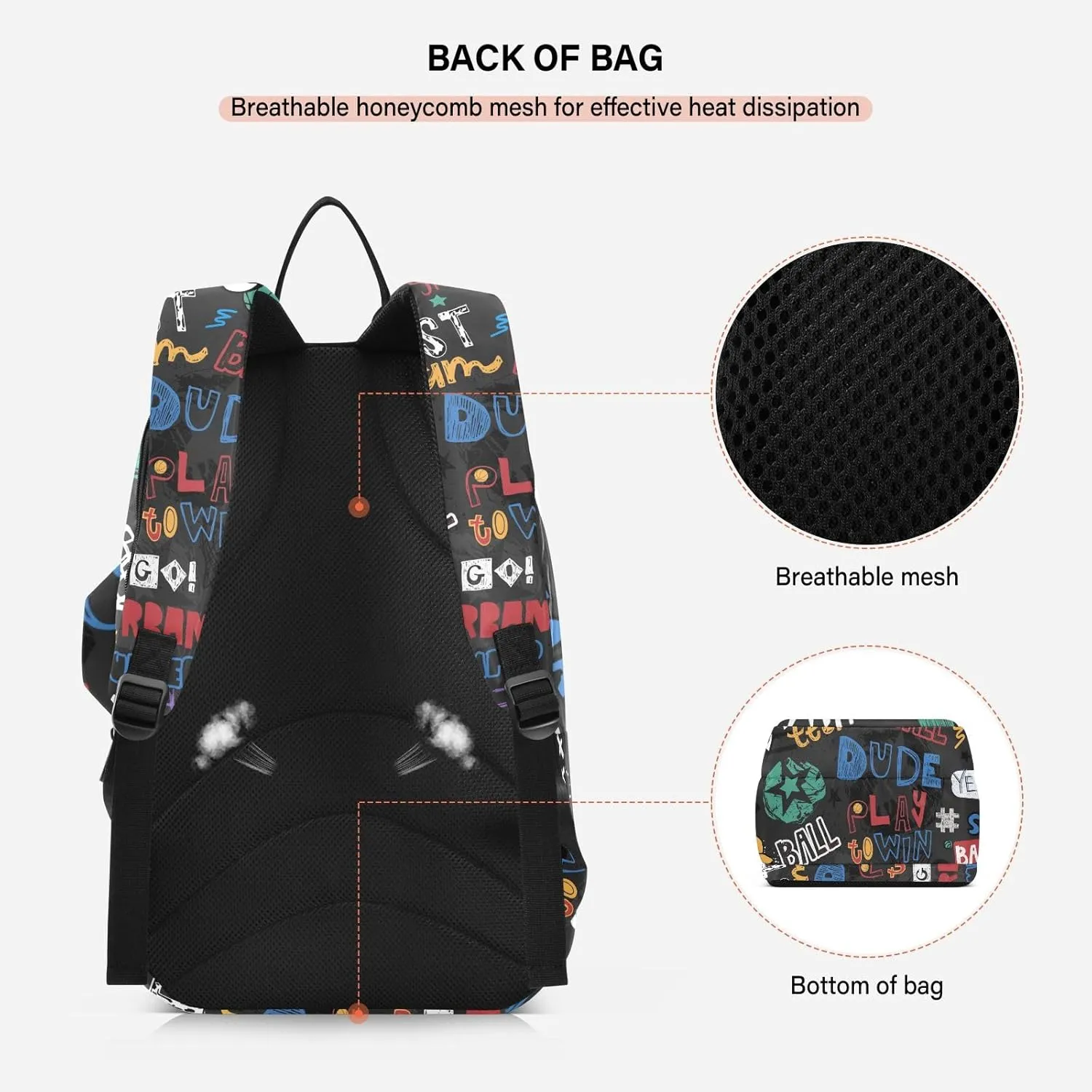 GAIGEO Basketball Sports Doodles Black Tennis Racket Backpack, Large Capacity Pickleball Holder, Various Storage Methods