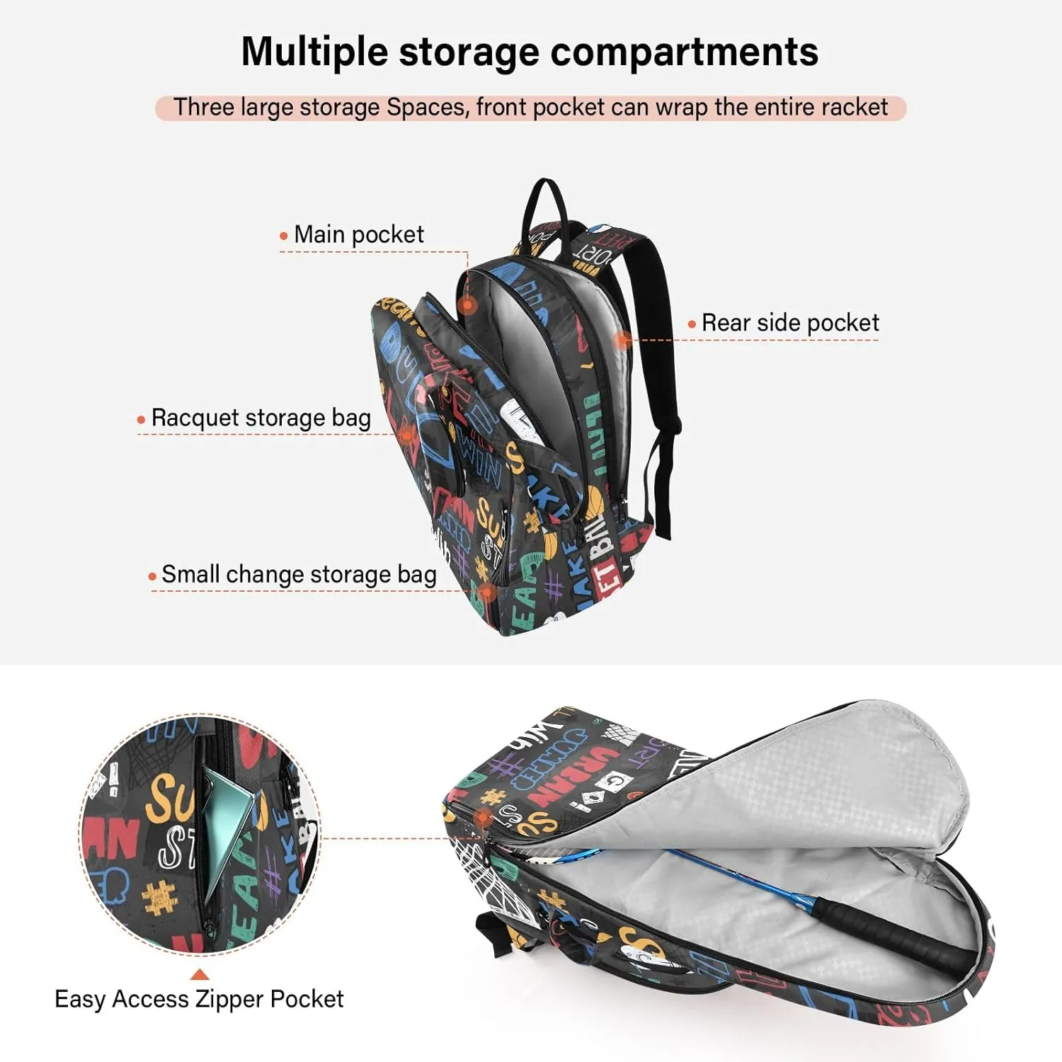 GAIGEO Basketball Sports Doodles Black Tennis Racket Backpack, Large Capacity Pickleball Holder, Various Storage Methods
