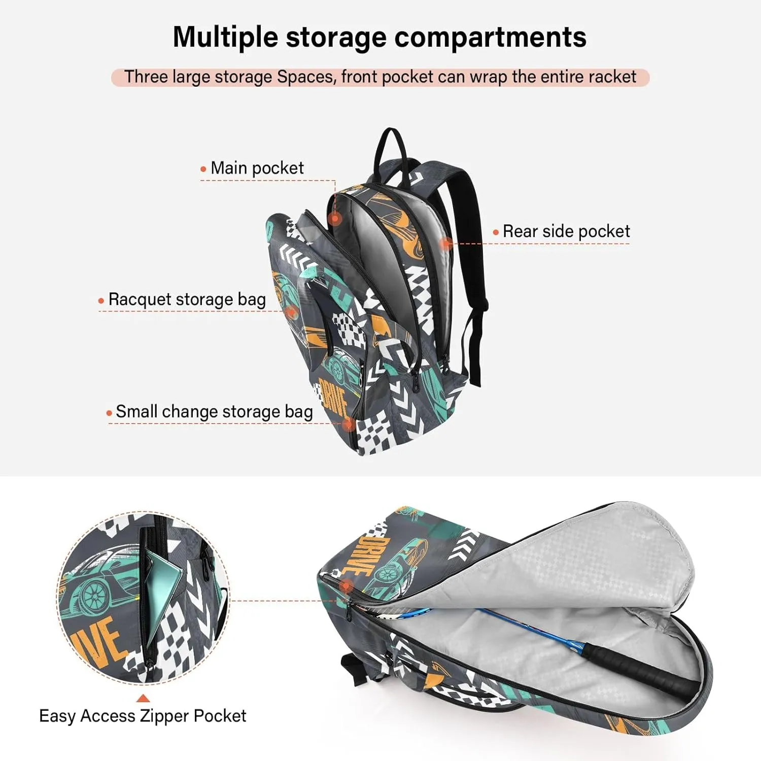 GAIGEO Basketball Sports Doodles Black Tennis Racket Backpack, Large Capacity Pickleball Holder, Various Storage Methods